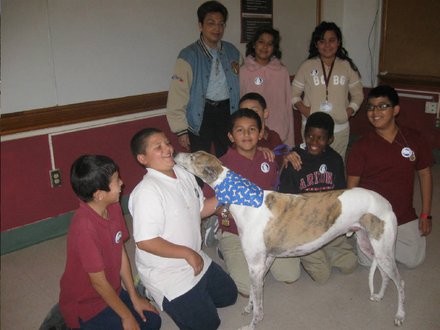 Teacher Maru Vigo with Jett the greyhound gave a presentation to her students at the Doolen Middle School, AZ