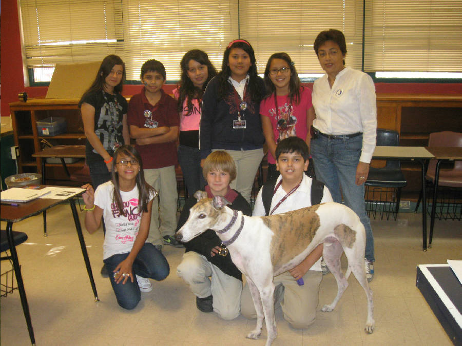 Teacher Maru Vigo with Jett the greyhound gave a presentation to her students at the Doolen Middle School, AZ